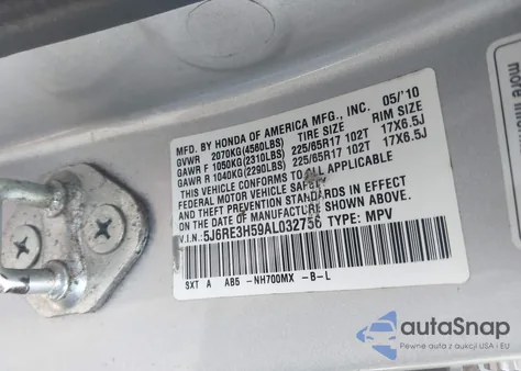 2010 Honda Cr-V Ex from USA, damaged, VIN 5J6RE3H59AL032756